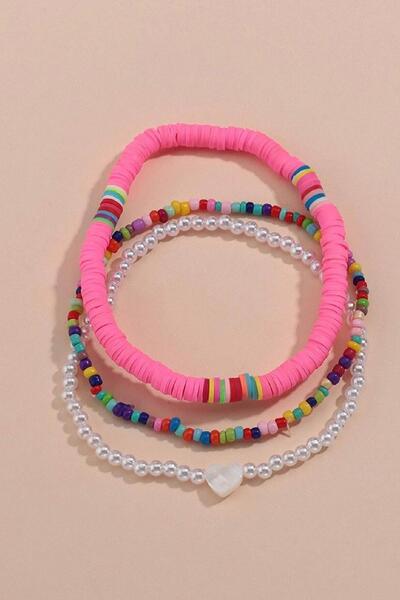 New Obsessions 3-Piece Fimo Beaded Heart Marine Anklet Set