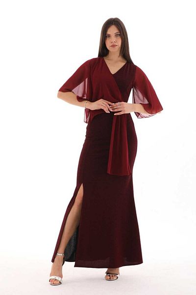 CİXAPLE Glittered Chiffon Evening Dress with Stone Detail