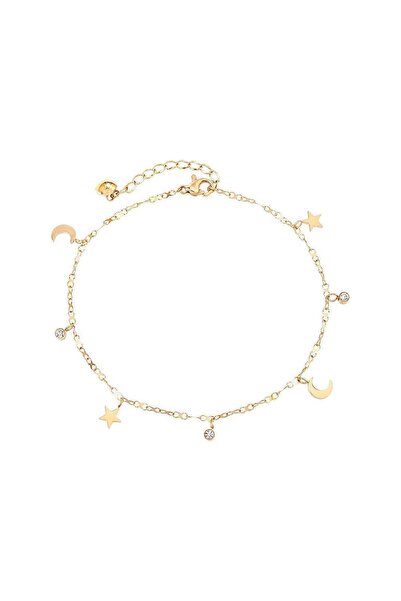 New Obsessions Stainless Steel Star Solitaire and Moon Dangle Women's Anklet