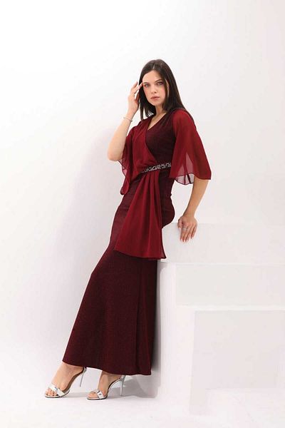 CİXAPLE Glittered Chiffon Evening Dress with Stone Detail