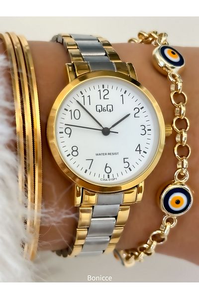 Q&Q Gold Colored Steel Cord Evil Eye Beaded Women's Wristwatch and Bracelet