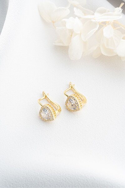 Silvano Jewelry 925 Ayar Gümüş Gold Zirkon Taşlı Kalp Küpe