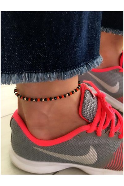 Serline Desing Women's Orange and Dark Green Crystal Beaded Design Anklet