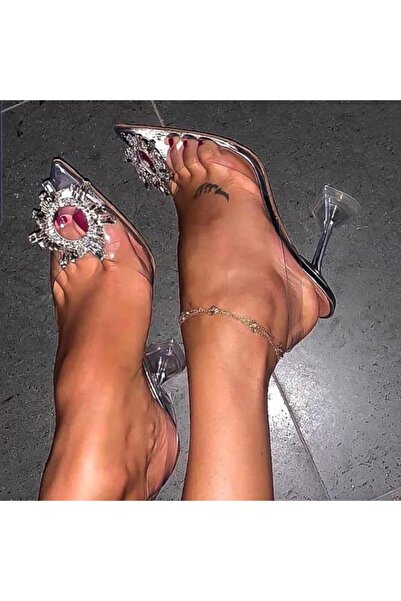 TrendyAnka Women's Princess Silver Nude Tan White Transparent Heeled Rhinestone Stiletto Pointed Toe Sandals Shoes