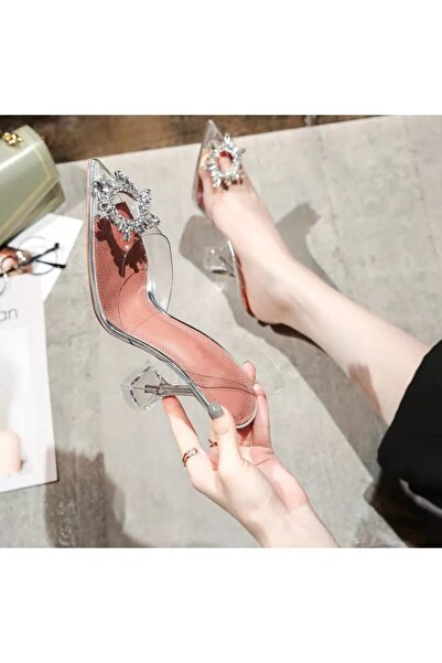 TrendyAnka Women's Princess Silver Nude Tan White Transparent Heeled Rhinestone Stiletto Pointed Toe Sandals Shoes