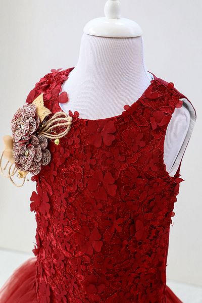 Mika Bebek Flower Embroidered Girl's Burgundy Gilet Tulle Evening Dress