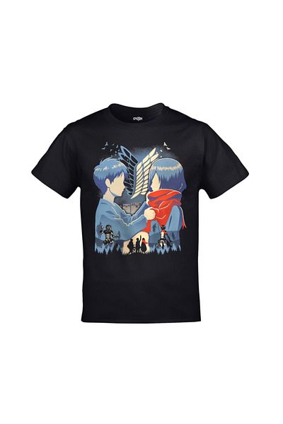 Orijin Tekstil Attack On Titan Mikasa Levi Ackerman Printed Unisex Black T-shirt