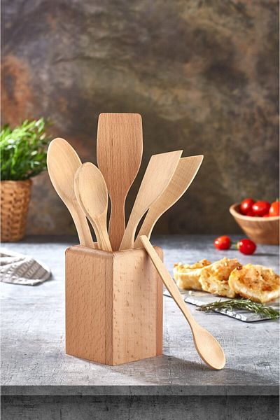cherryhome Rain 6 Piece Wooden Spoon Holder, Spoon Holder Set
