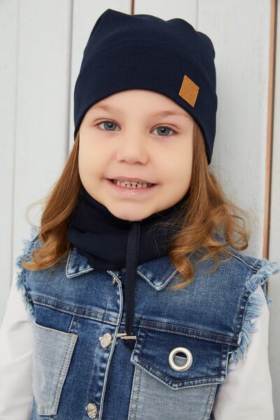 Babygiz Kız Bebek Çocuk Lacivert Ipli Şapka Bere Boyunluk Takım Rahat %100 Pamuklu Kaşkorse Yerli