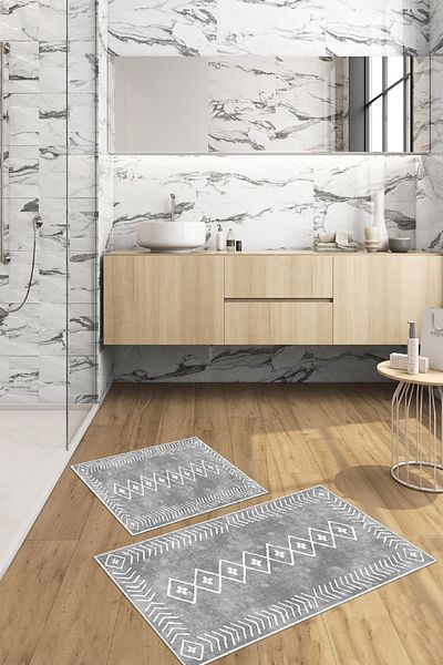 Thalia Home قاعدة غير قابلة للانزلاق قابلة للغسل قطعتين 60 × 100 - 50 × 60 سجادة حمام طقم مقعد المرحاض