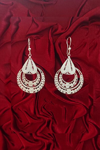 Aykat El Işi Telkari Gümüş Küpe Taşsız Halkalı Kadın Küpesi 925 Ayar Kupe-187