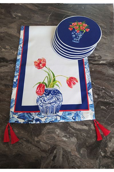 dehaberk Floral Pattern Runner + 6 Pieces Patterned Placemat Set