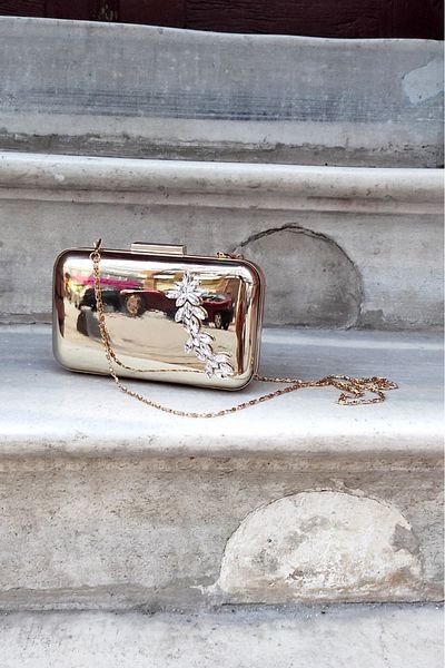 LA CALZATURE Golden Mirror Leaf Stone Portfolio Box Οβάλ Edge Βραδινό Φόρεμα Γυναικεία Τσάντα
