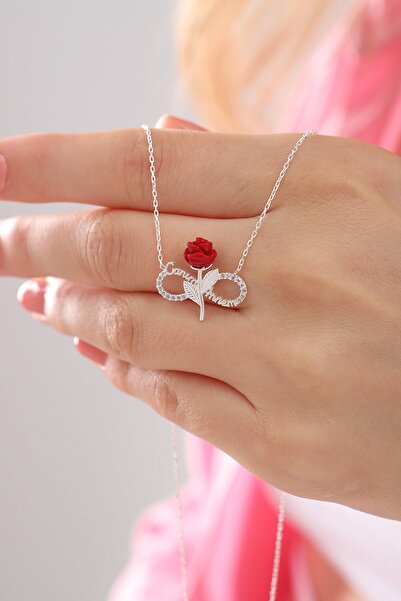 Bilsen Store Kadın 925 Ayar Gümüş Zincirli Beyaz Zirkon Taşlı Sonsuzluk Kırmızı Gül Canım Annem Yazılı Kolye