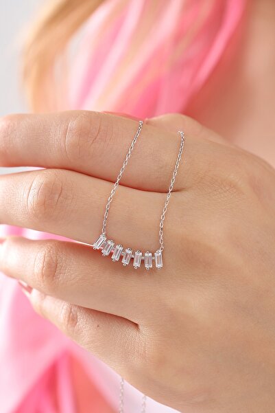 Bilsen Store 925 Ayar Gümüş Baget Taşlı Pırlanta Montür Kolye