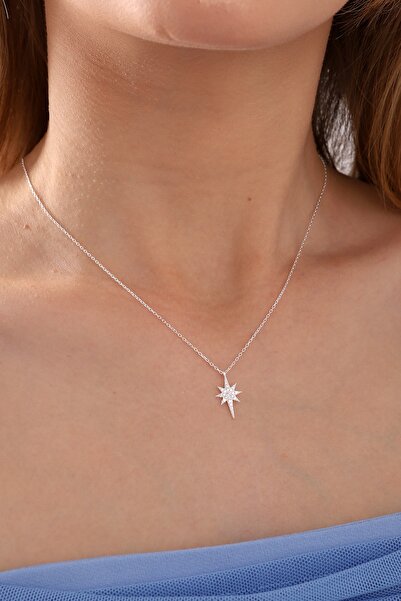 Bilsen Store 925 Ayar Gümüş Zincirli Beyaz Taşlı Kutup Yıldızı Kolye