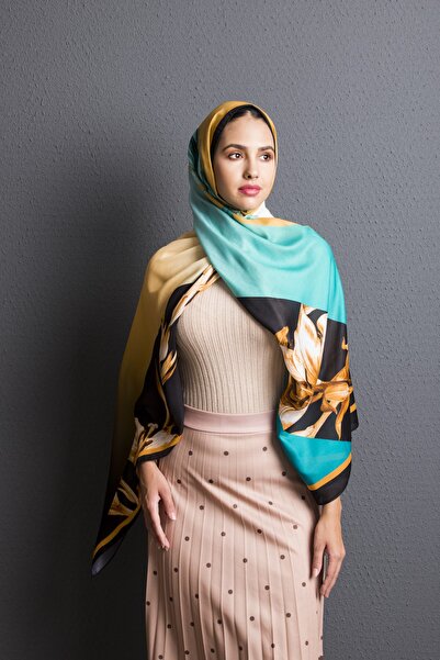 19V69 ITALIA Петроль зелений гірчичний квітковий візерунок серія Pavia з підвіскою для шарфа 90x200 см