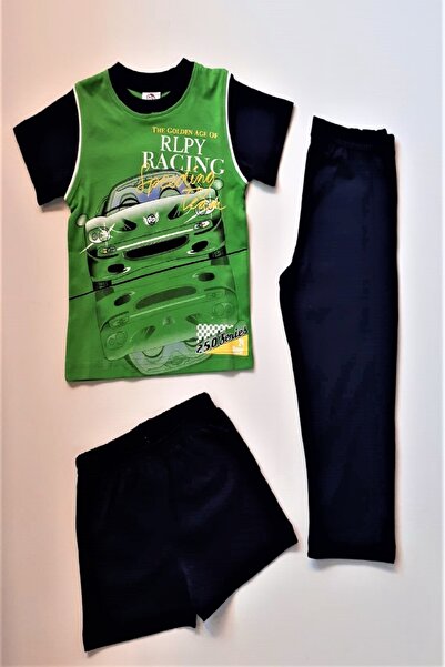 ROLY POLY Yazlık Erkek Çocuk %100 Pamuk&cotton Yeşil Renk Şort Ve Pantolonlu Üçlü Pijama Takımı