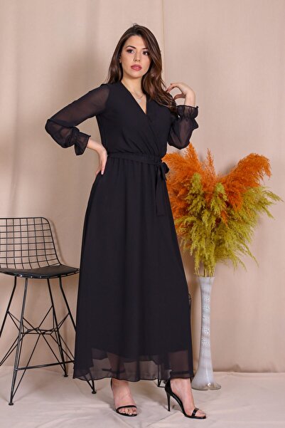 MıRNaV BuTiK فستان نسائي طويل من الشيفون بياقة مزدوجة الصدر ومزين بالدانتيل ل...