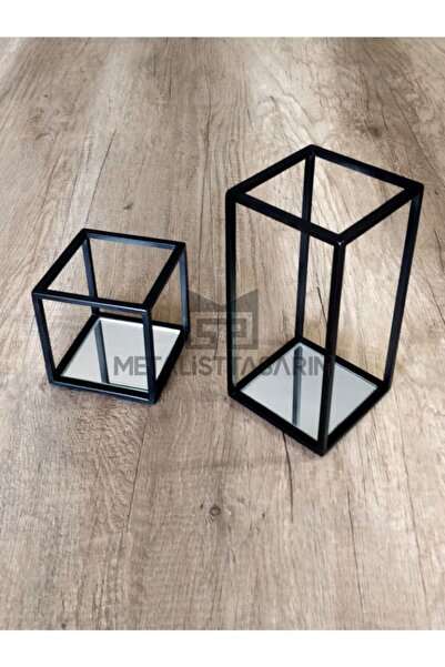 Metalist Tasarım Sefa özel Yapım Aynalı Kafes Mumluk 2’li Mat Siyah Renk