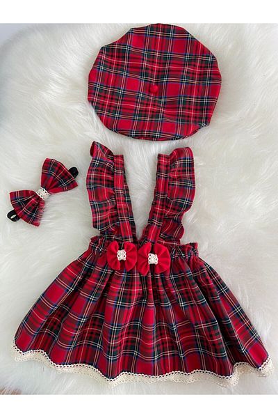 Moda Lina Baby Girl Ruched Red Plaid Dress Bandana Hat Set
