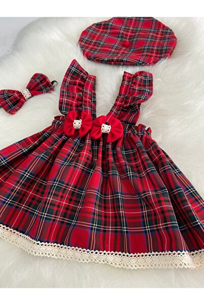 Moda Lina Kız Bebek Dantelli Kırmızı Ekose Elbise Bandana Şapka Set