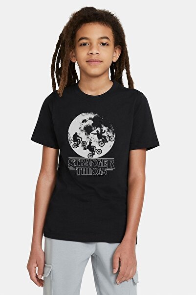 QIVI Tricou negru pentru copii, unisex, cu imprimeu Stranger Things Bikes World