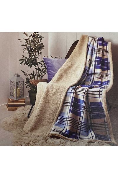 Özdilek Double Sherpa Plaid Blanket Navy Blue