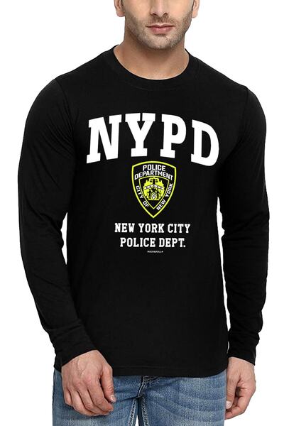 ROCKANDROLL Tricou negru Nypd cu mânecă lungă din bumbac pieptănat pentru băr...