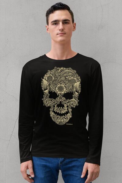 ROCKANDROLL Ανδρικό μαύρο τατουάζ Skull Crew μακρυμάνικο χτενισμένο βαμβακερό...