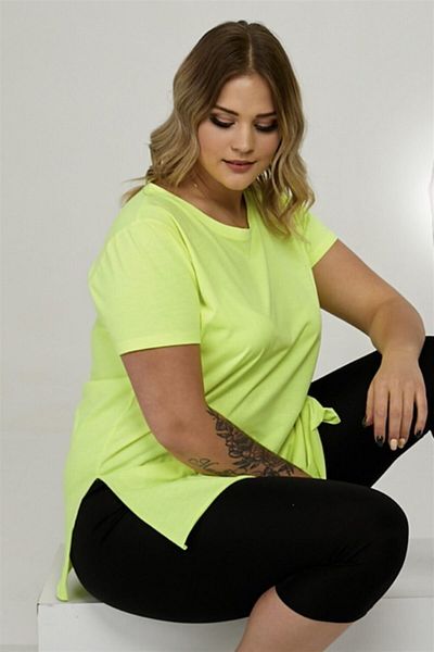 Seamoda Round Neck Slit Basic T-shirt Neon Yellow