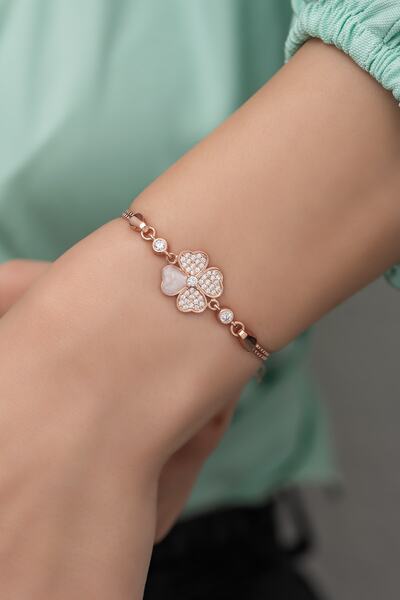 Nereze 925 Ayar Gümüş Rose Kalpli Yonca Bileklik