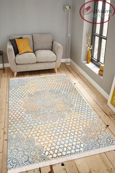 Modern home Desenli Modern Halı Püskül Detaylı Dijital Baskı Kaymaz Taban Hal...
