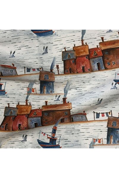 SUZANİ Suluboya Ev Desenli Dijital Baskılı Kumaş Kms-0886