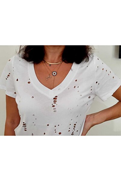 SİSTERS2HC V Yaka Özel Delikli Kumaş Kısa Kol Kadın Beyaz Tişört