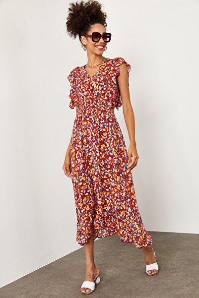 XHAN Women's Red Floral Ruffle Dress 1YZK6-11963-04