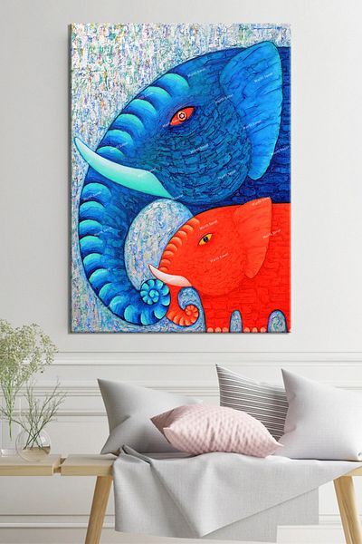 Morfil Sanat Atölyesi Elefant și pui de calitate superbă pictură decorativă pe pânză