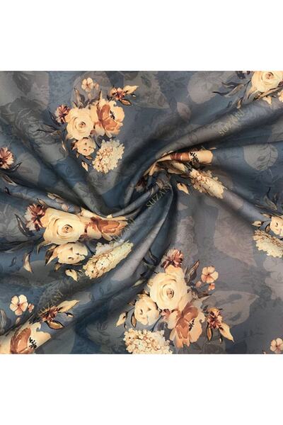 SUZANİ Vintage Düğün Çiçeği Desenli Dijital Baskılı Kumaş Kms-0924