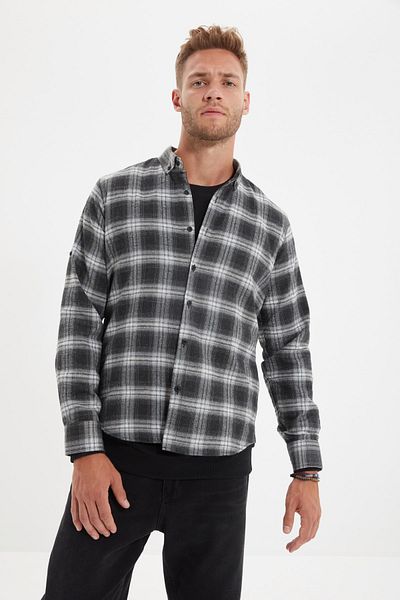 Trendyol Collection Πουκάμισο Winter Lumberjack Grey Slim Fit Epaulets - Κολάρο με κουμπί, καρό TMNAW22GO0357