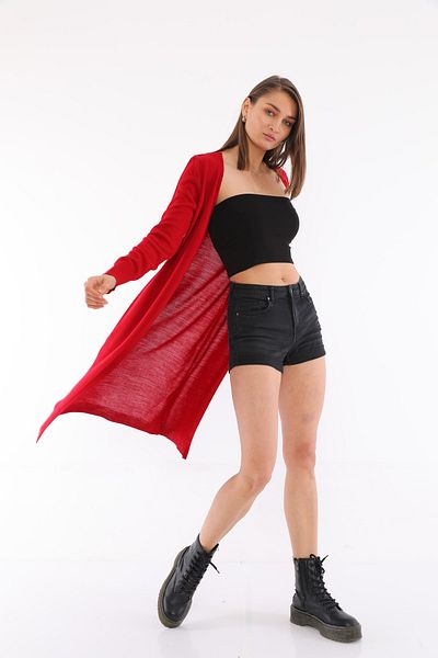 Devinka Women's Red Seasonal Long Knitwear Cardigan