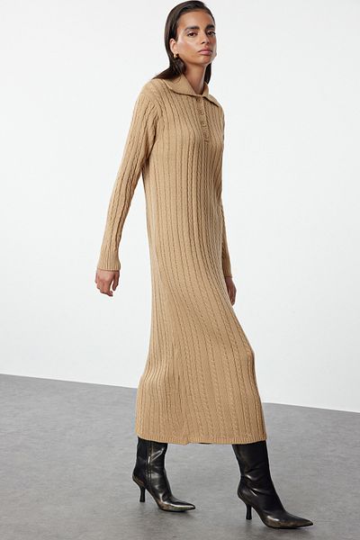 Trendyol Modest Polo Collar Camel Knitwear Dress - Hair Braided TCTAW25EB00024