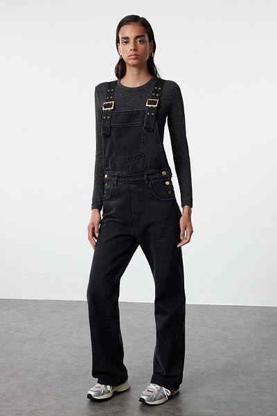 Trendyol Collection Denim-Salopet-Jumpsuit - Schwarz mit Schnallendetail, TWOAW25TU00010