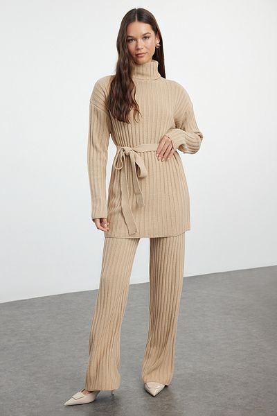 Trendyol Modest Corded Knitwear Sweater and Trousers Set - Dark Beige TCTAW25US00029