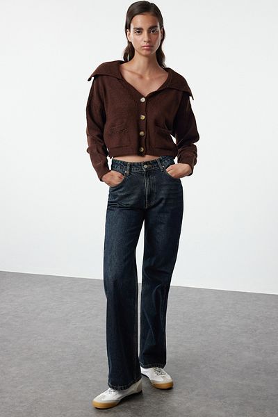Trendyol Collection Кафява трикотажна жилетка с обърната яка - широка кройка, мека текстура TWOAW25HI00040