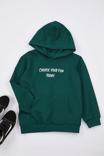 TRENDYOLKIDS Chlapecká pletená mikina s kapucí - Petrol Slogan Patterned Tkdaw25sw00038