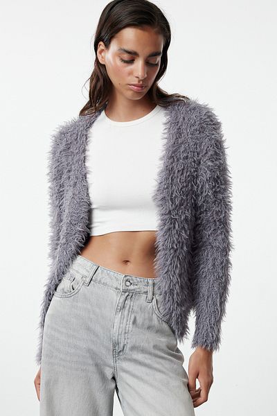 Trendyol Collection Soft Textured Anthracite Knitwear Cardigan - Furry Coat Look Twoaw25Hi00326
