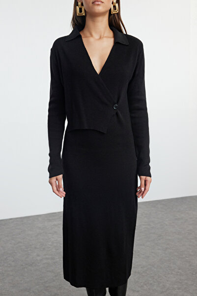 Trendyol Collection Pletené midi šaty – černé, pevný střih, dvouřadé TWOAW25EL00011