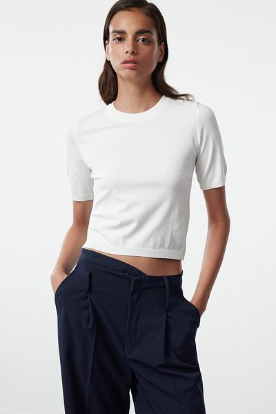 Trendyol Collection Ecru Mercerized Look Crop Premium příze/speciální příze Základní pletená halenka TWOAW24BZ00015