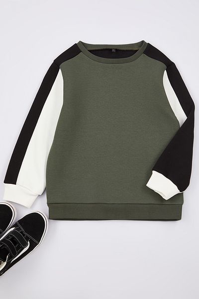 TRENDYOLKIDS Chlapecká pletená mikina – khaki, barevně blokovaná Tkdaw25Sw00037
