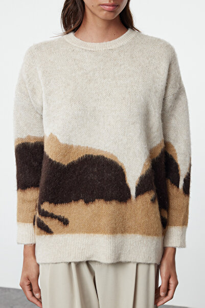 Trendyol Collection Pulover de tricotaj cu decolteu rotund, bej, cu textura moale, blocuri de culoare TWOAW25KZ00276